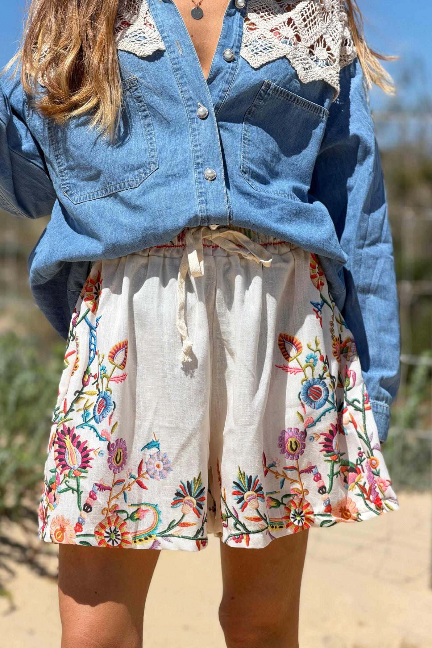 Beige Embroidered Folk Garden Pull-On Shorts