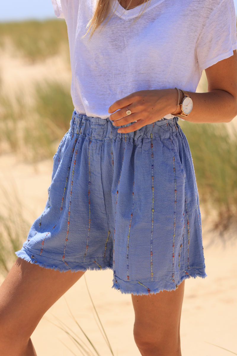Blue floaty cotton and linen shorts with colored threads