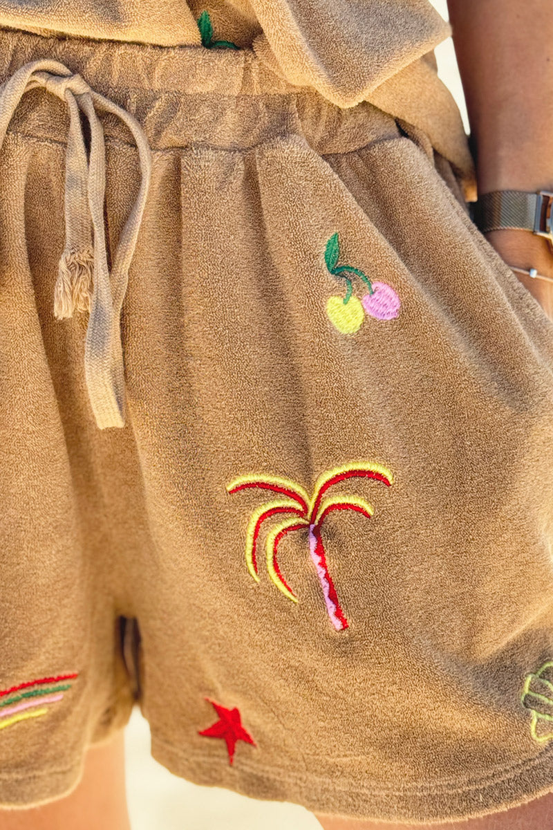 Camel Embroidered Terry Pull-On Shorts