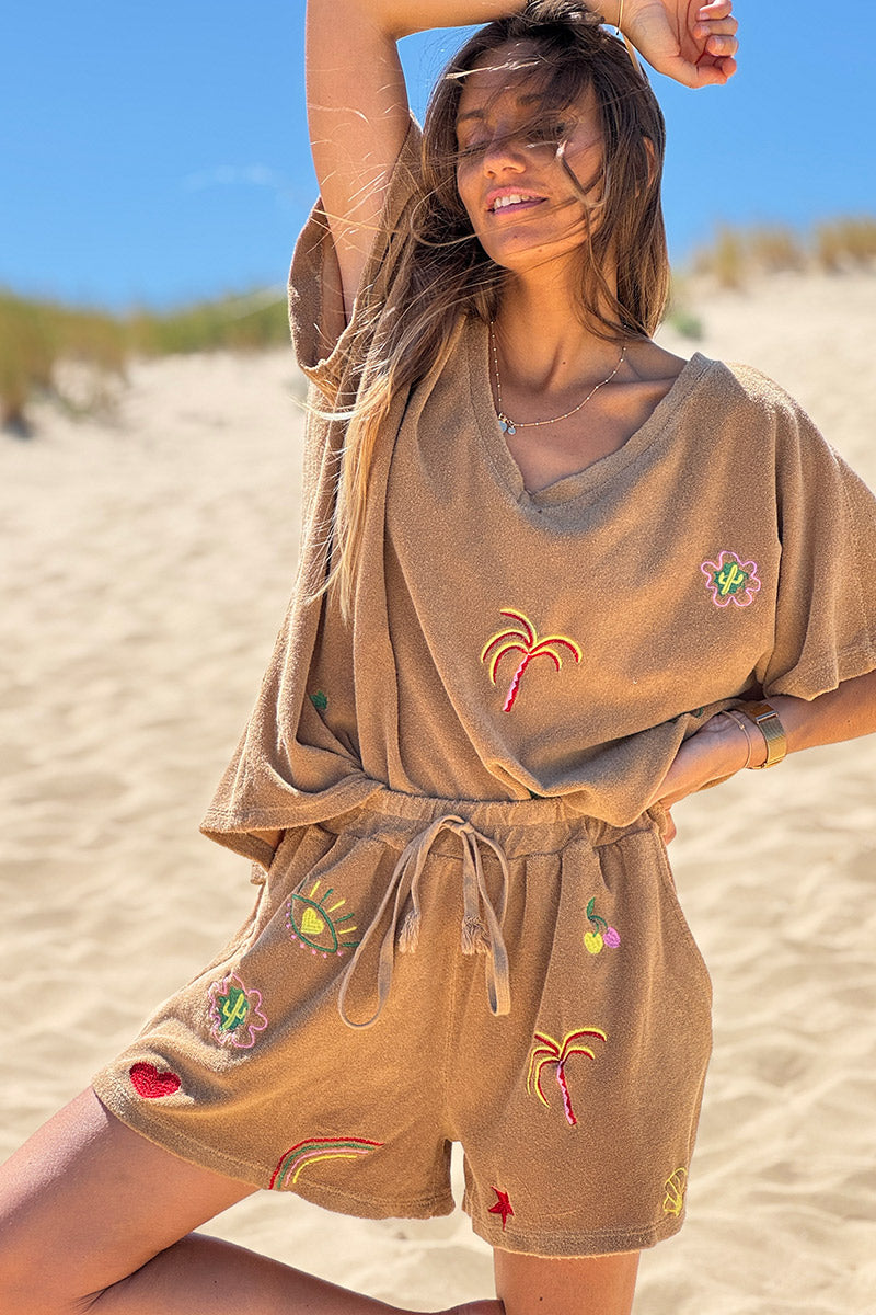 Camel Embroidered Terry Pull-On Shorts