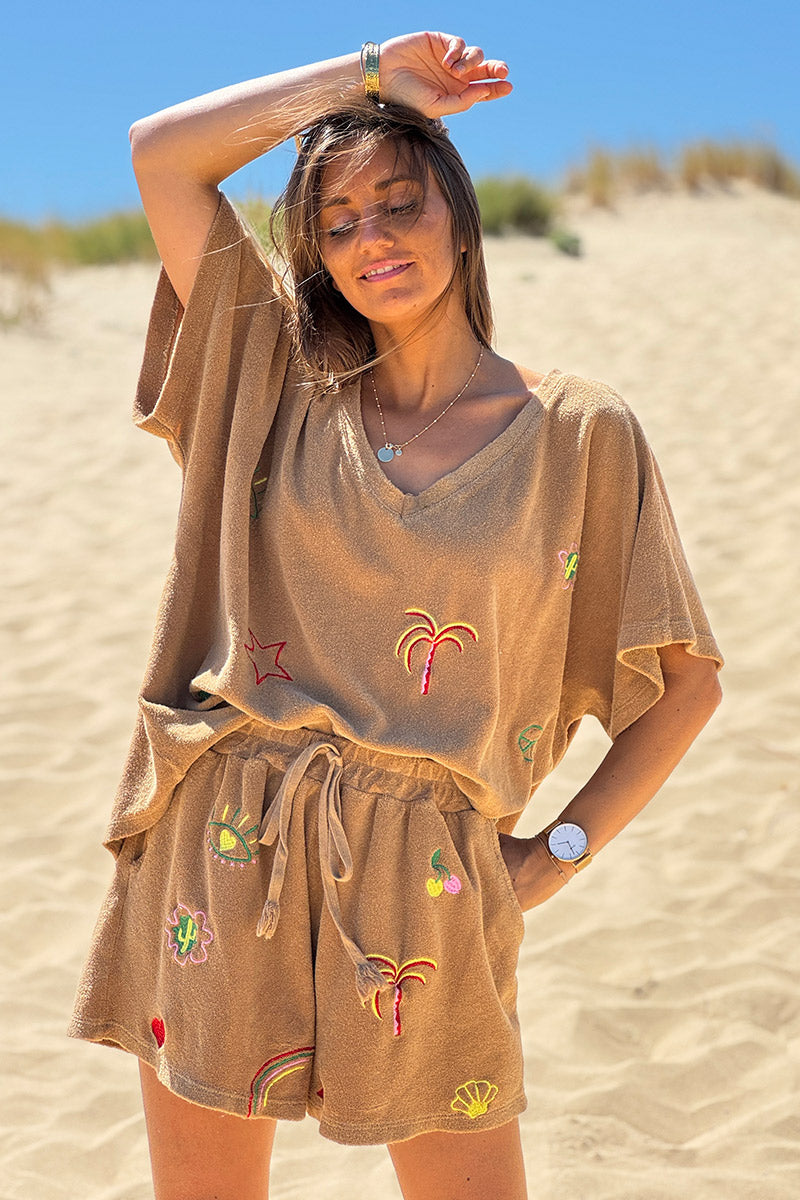 Camel Embroidered Terry Pull-On Shorts