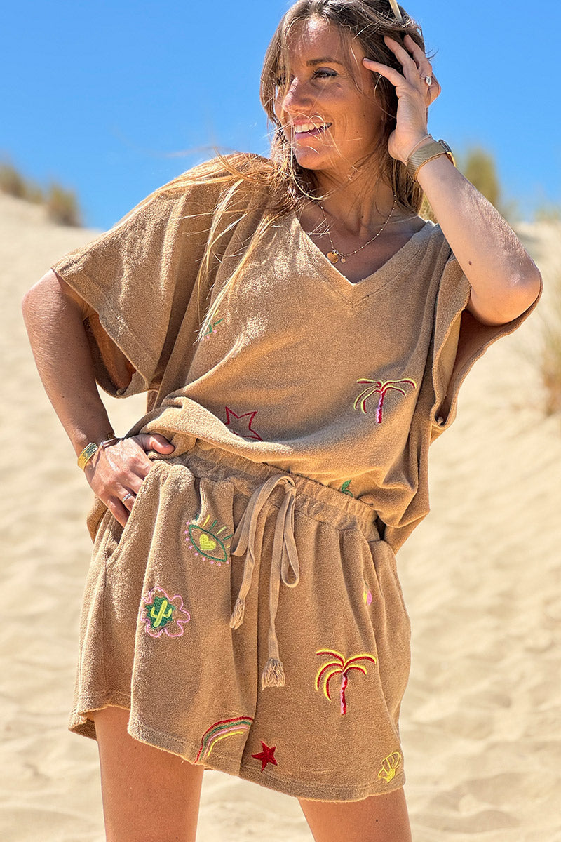 Camel Embroidered Terry Pull-On Shorts