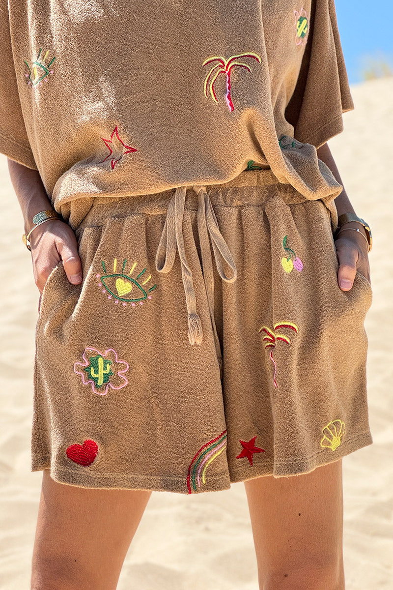 Camel Embroidered Terry Pull-On Shorts