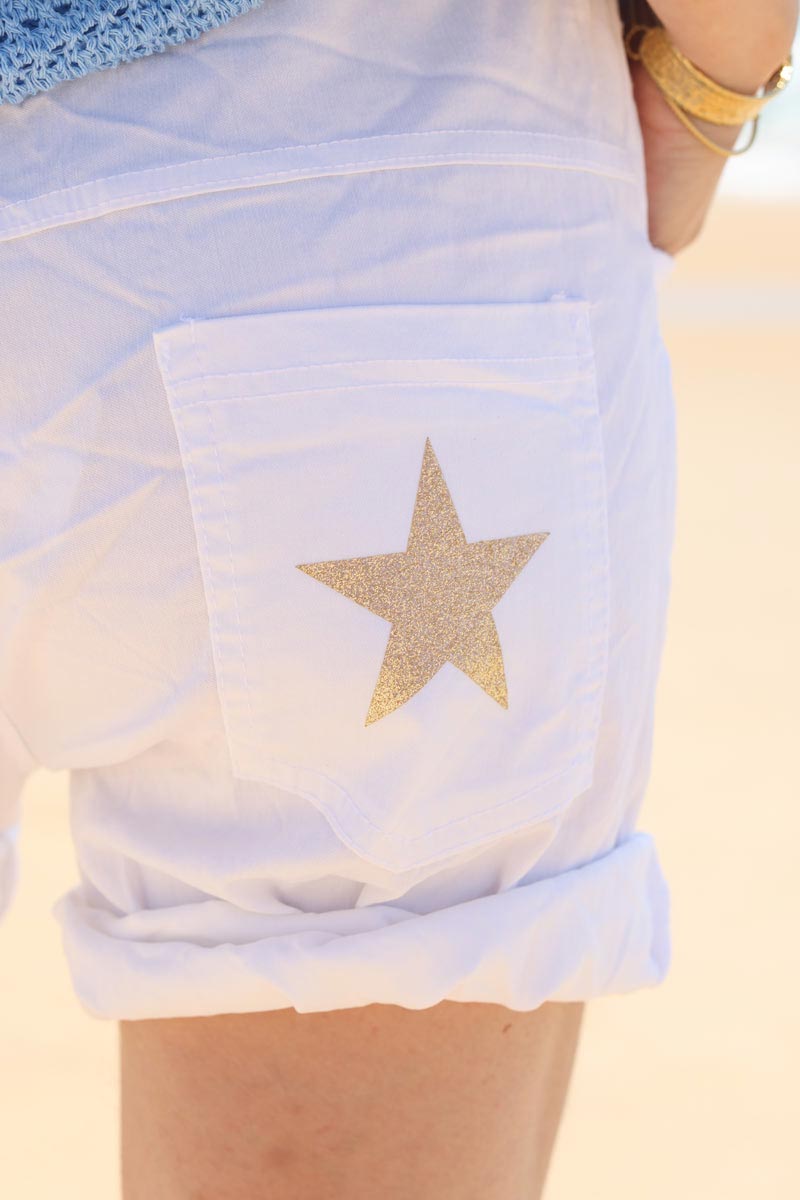 White comfort stretch shorts with glitter star detail