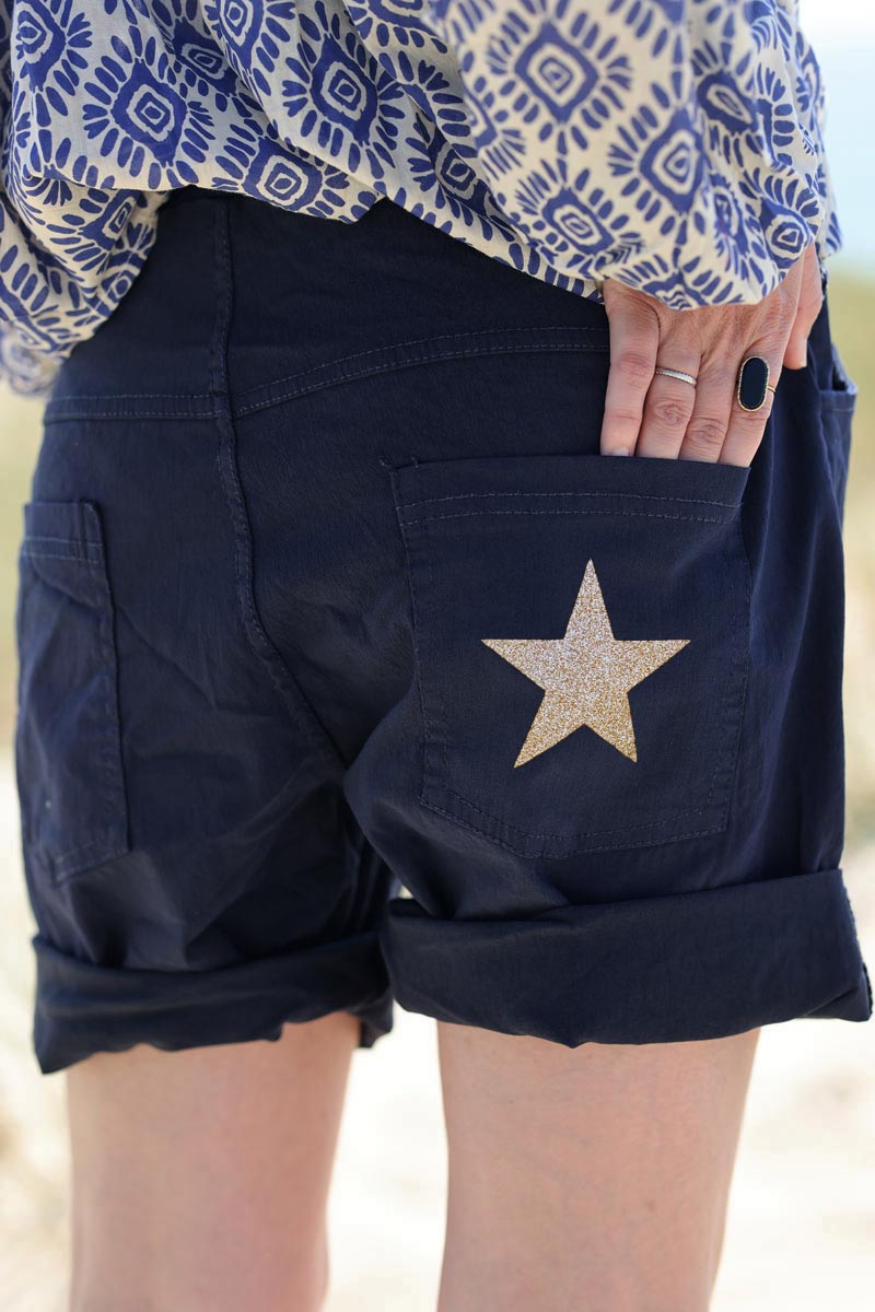 Pantalón corto confort azul marino en lona elástica con estrellas brillantes