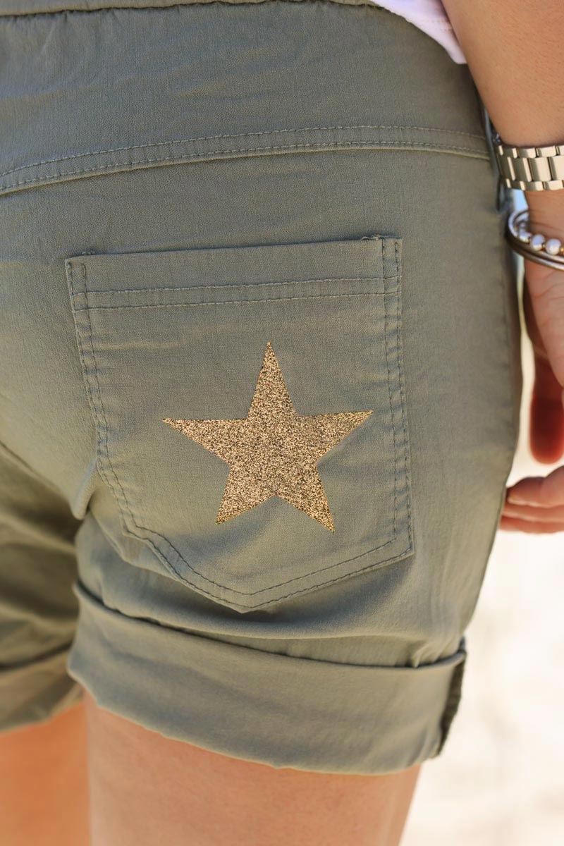 Khaki comfort stretch shorts with glitter star detail
