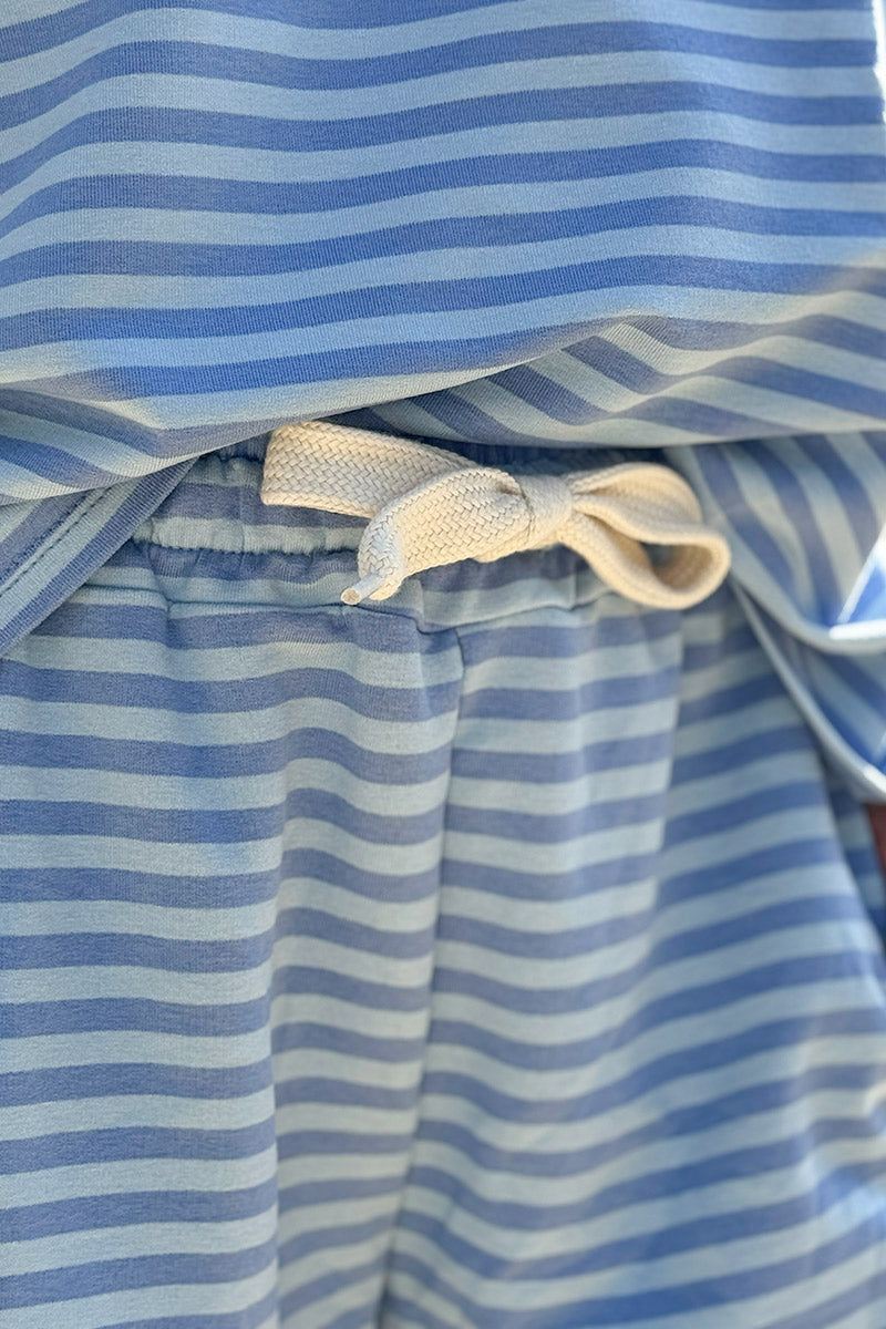 Short confort en coton mélangé à rayures bleues ceinture élastique et cordons