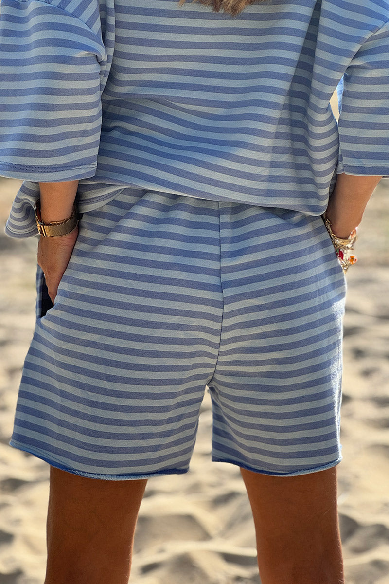 Short confort en coton mélangé à rayures bleues ceinture élastique et cordons
