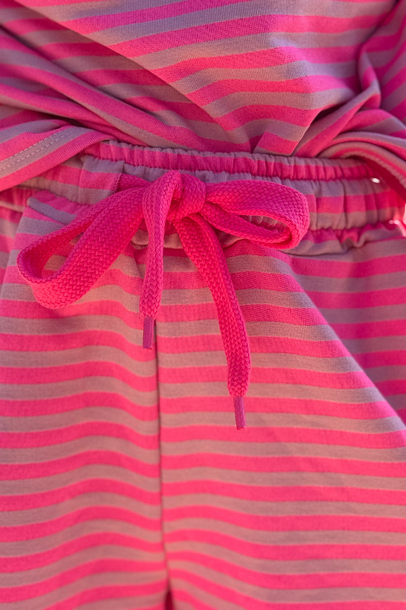 Short confort en coton mélangé à rayures rose fluo ceinture élastique et cordons