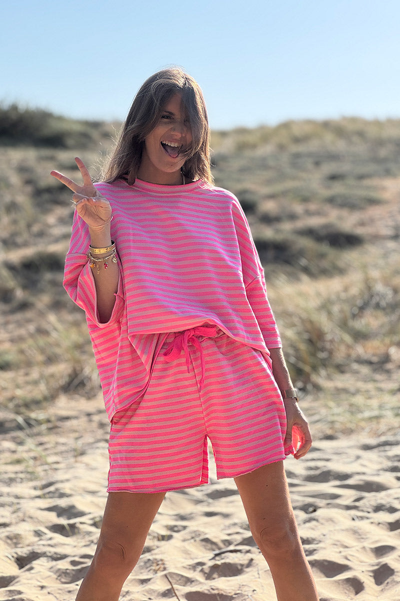 Short confort en coton mélangé à rayures rose fluo ceinture élastique et cordons