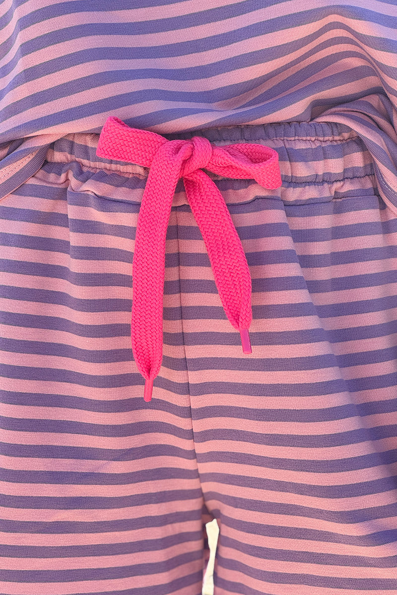 Short confort en coton mélangé à rayures violettes ceinture élastique et cordons
