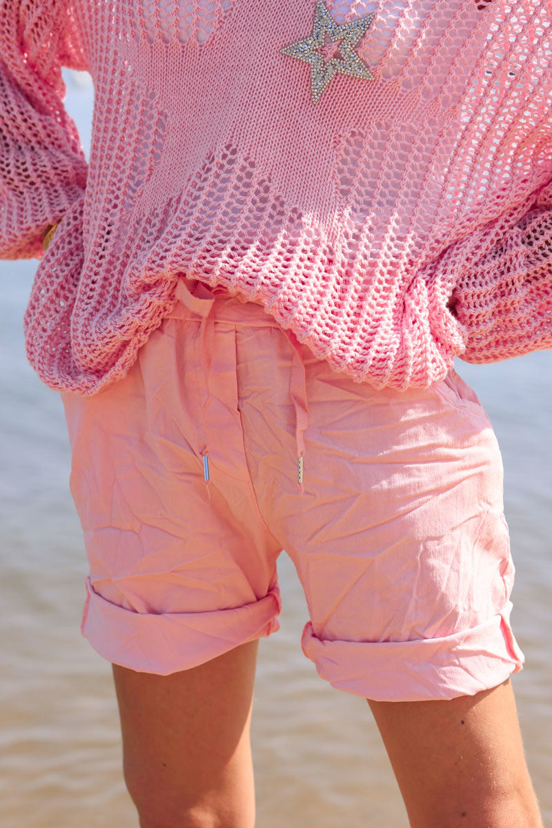 Pantalón corto confort rosa en lona elástica con estrellas brillantes