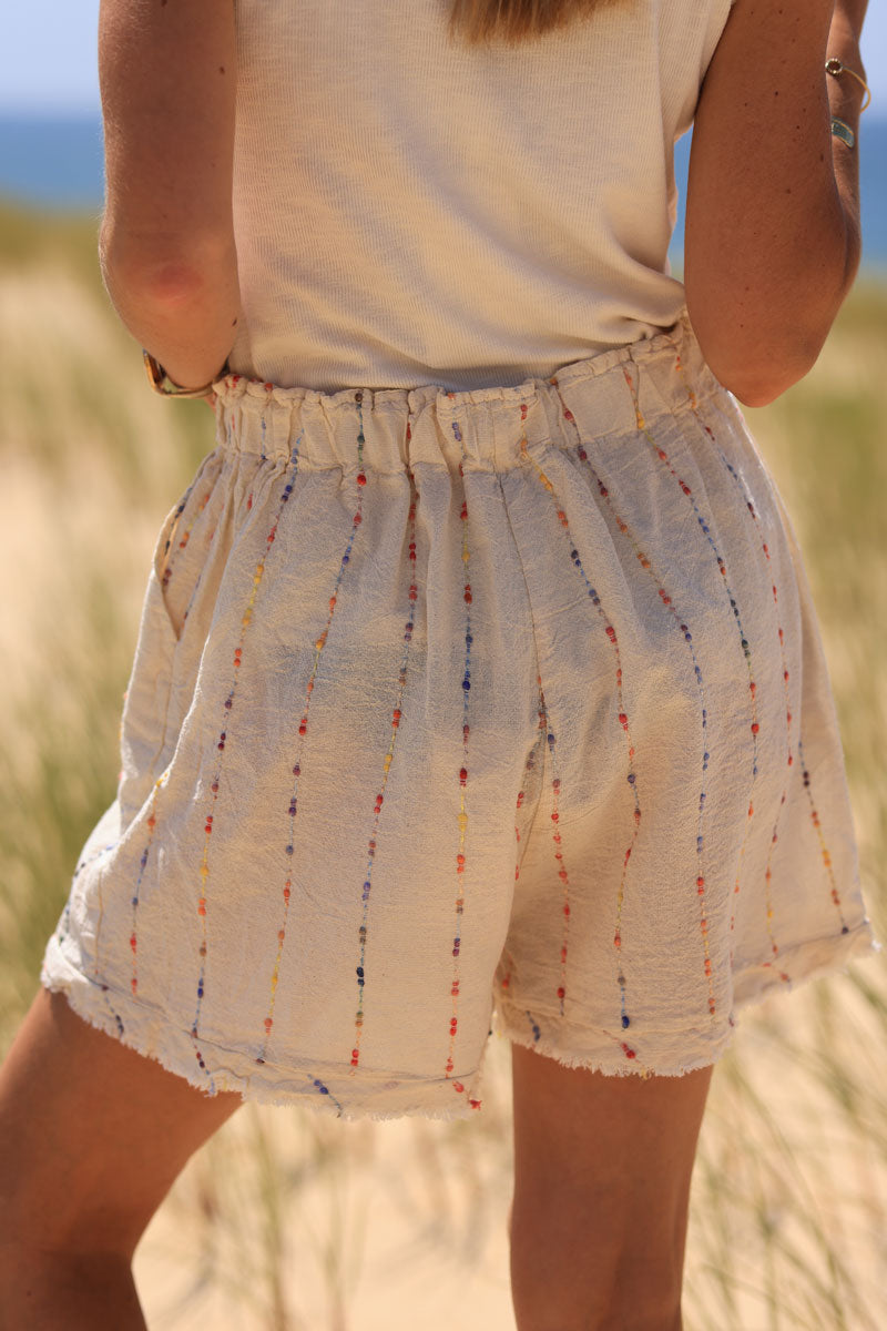 Ecru floaty cotton and linen shorts with colored threads