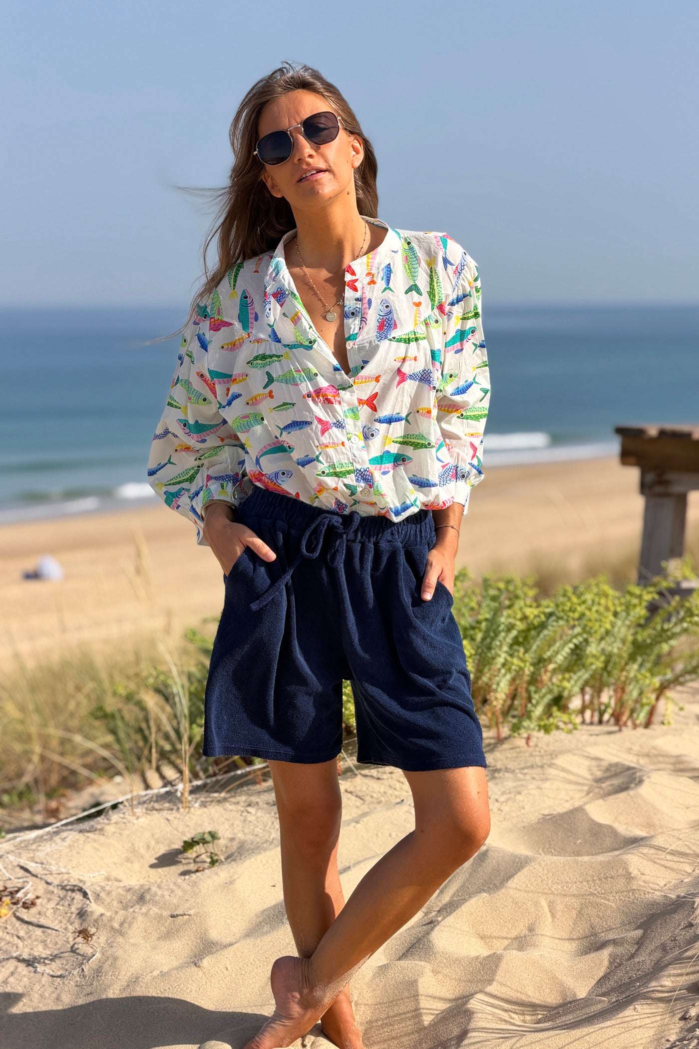 Short en éponge bleu marine fluide taille élastique