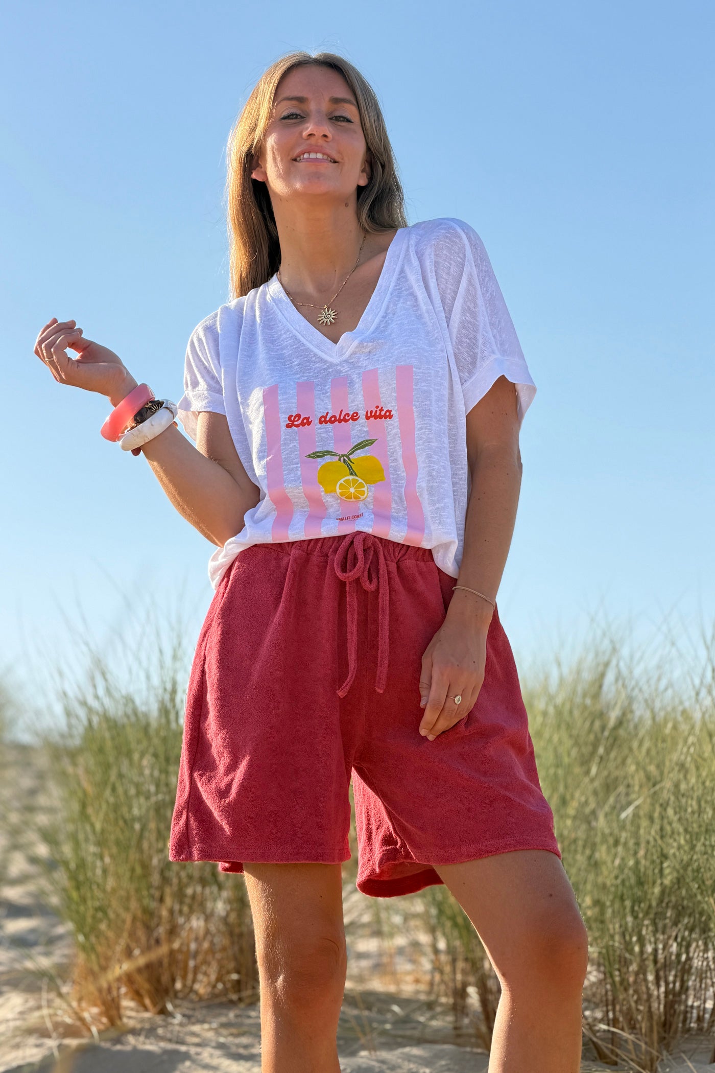 Short en éponge framboise fluide taille élastique