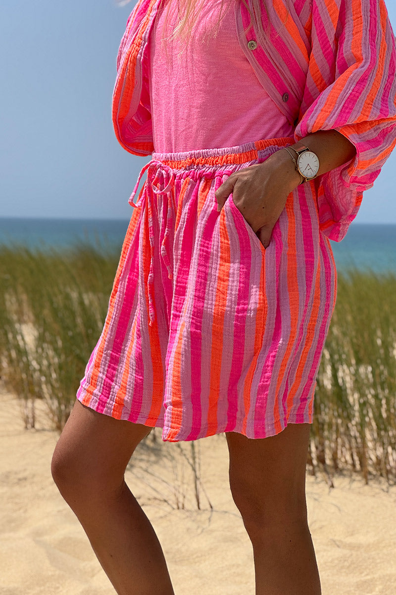 Neon Orange and Hot Pink Striped Pull-On Cabana Shorts