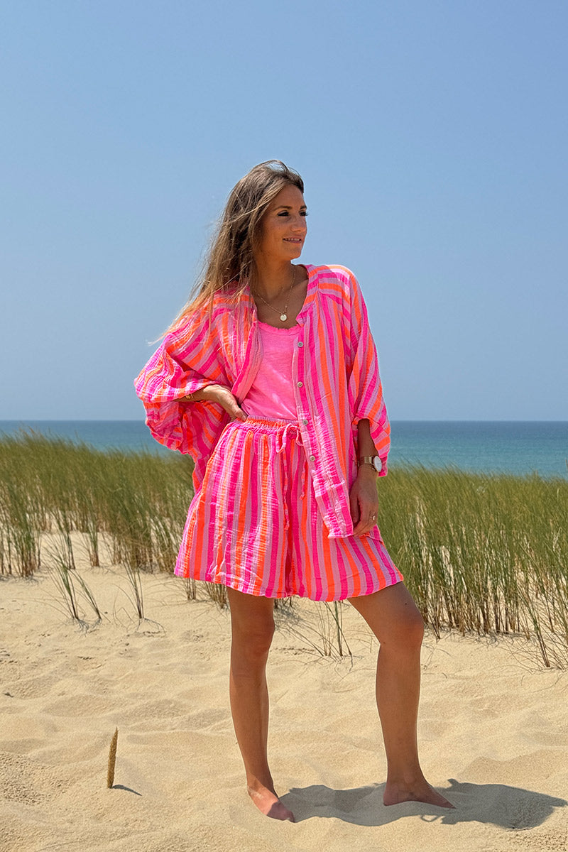 Neon Orange and Hot Pink Striped Pull-On Cabana Shorts