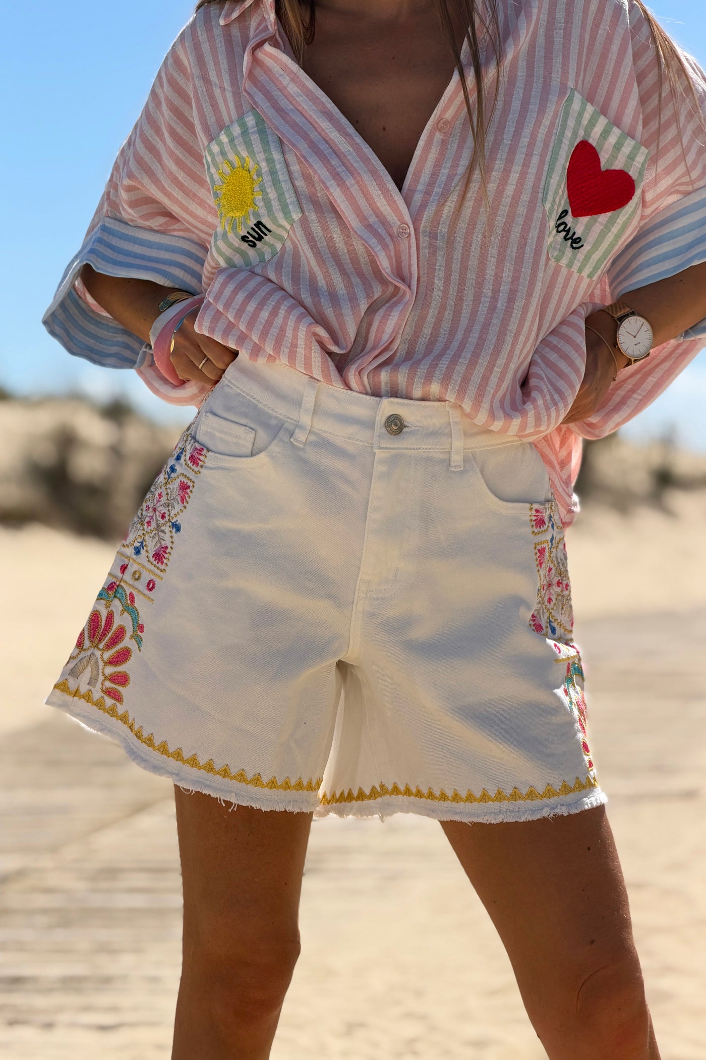 White Embroidered Outseam Cutoff Shorts
