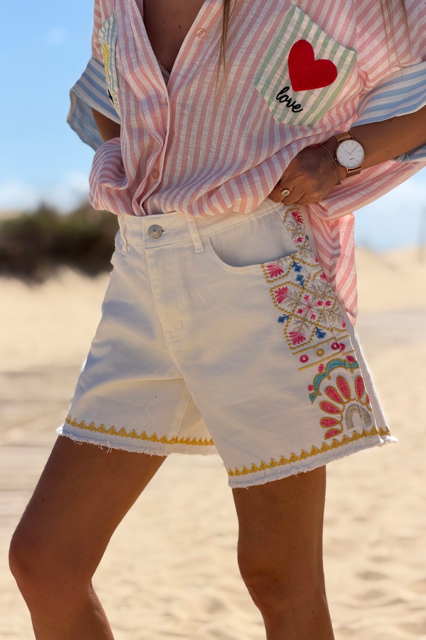White Embroidered Outseam Cutoff Shorts

