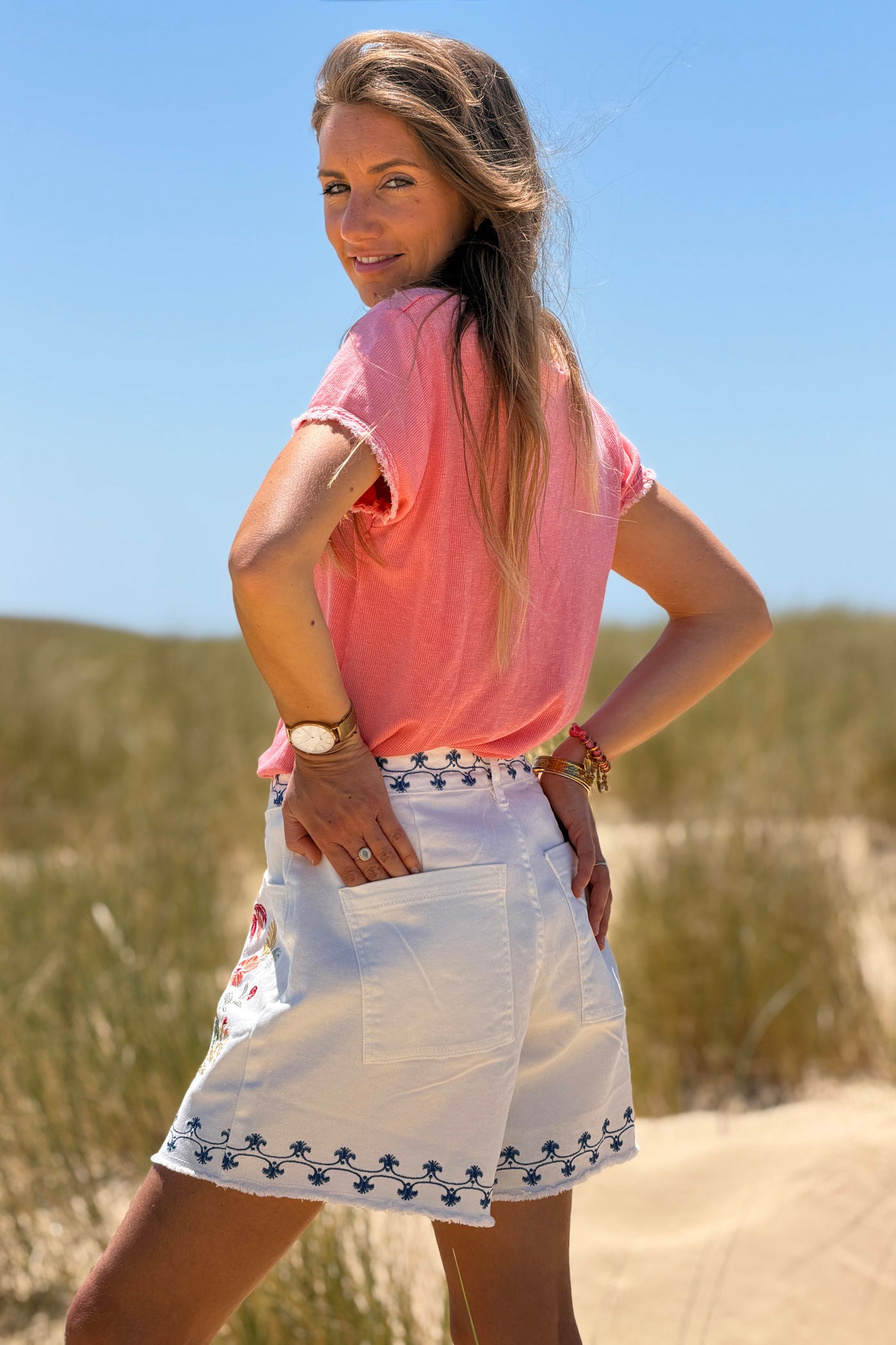 White Embroidered Tropical Floral Jean Shorts