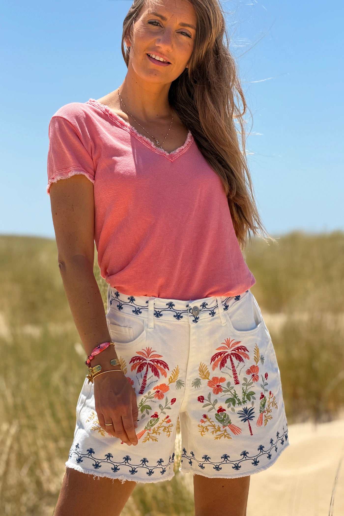 White Embroidered Tropical Floral Jean Shorts