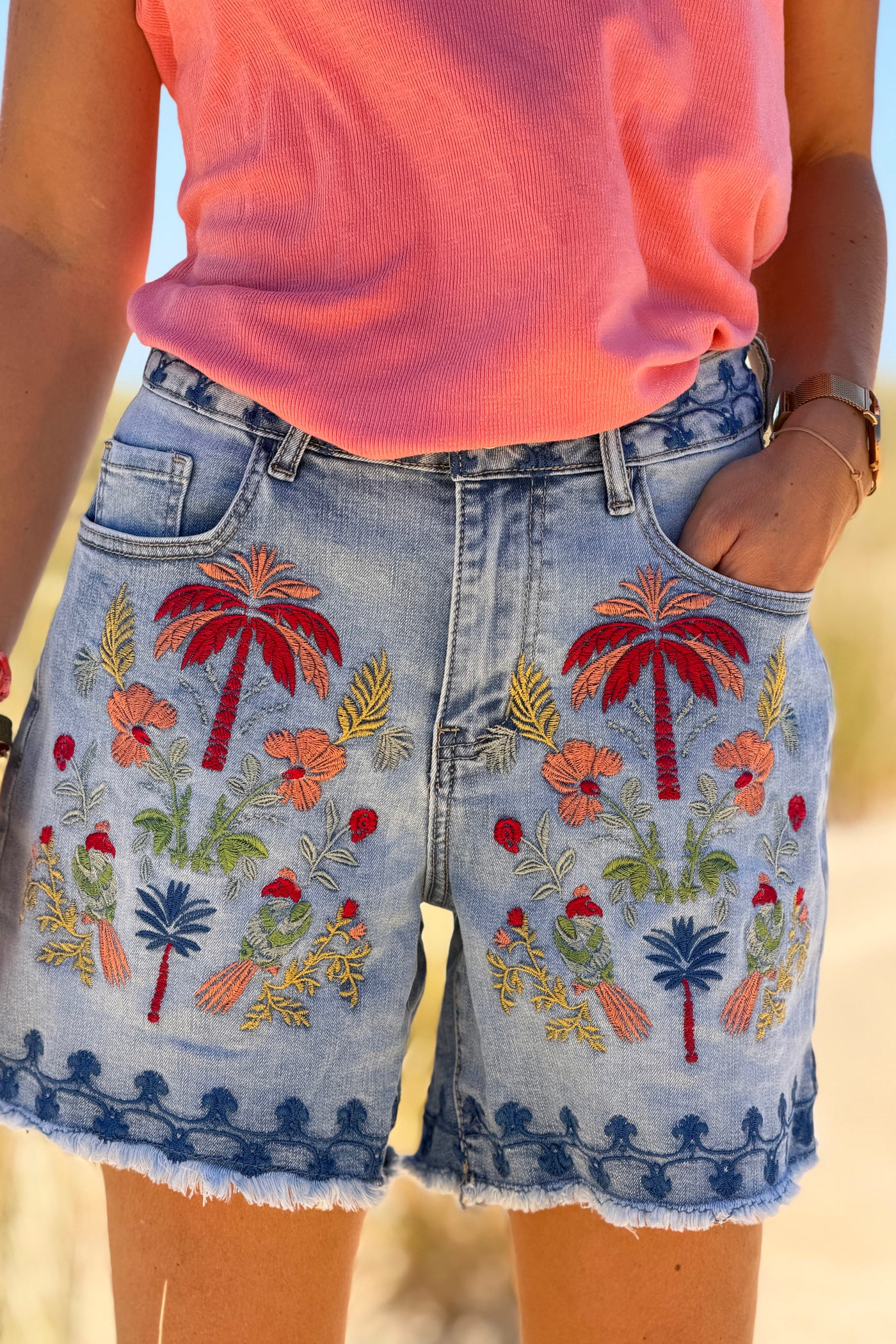 Light Chambray Embroidered Tropical Floral Jean Shorts