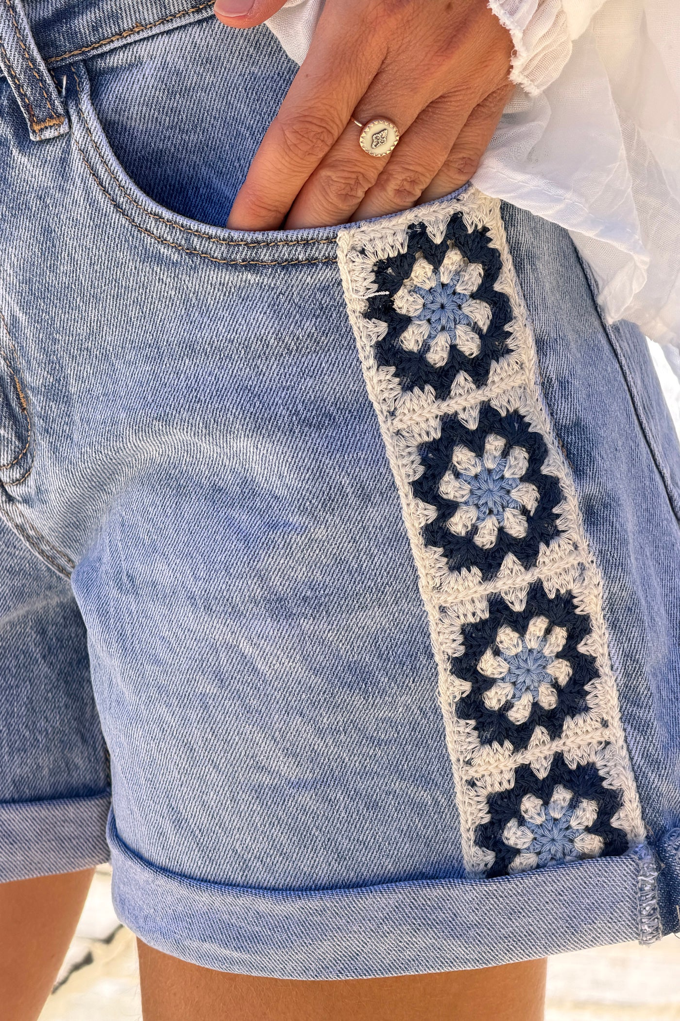 Light Blue Jean Crochet Square Vintage Denim Shorts
