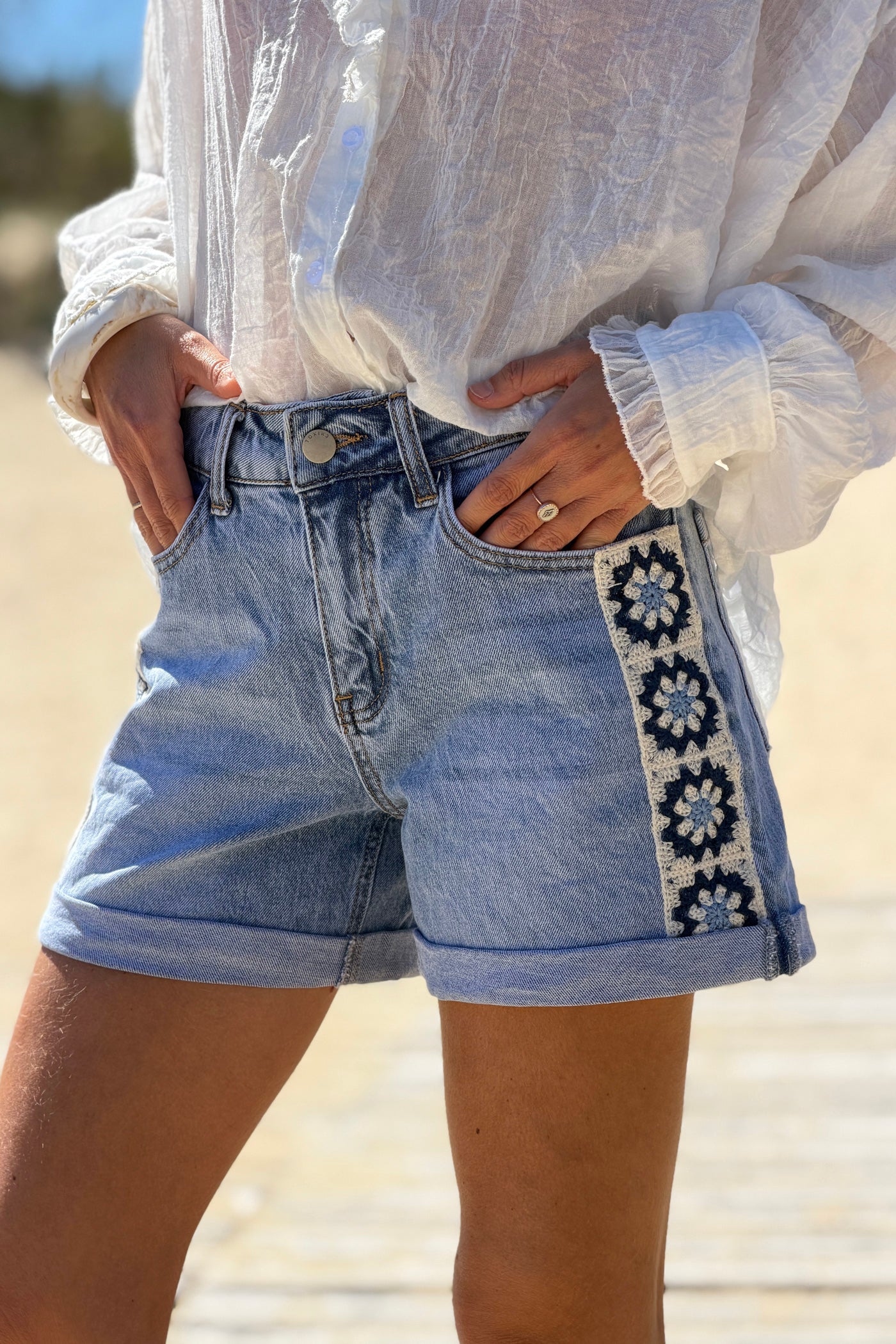 Light Blue Jean Crochet Square Vintage Denim Shorts
