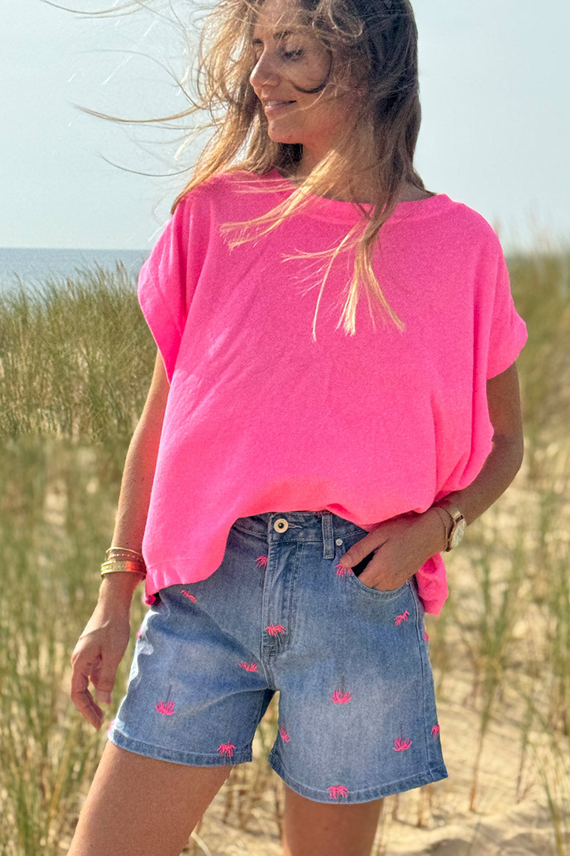 Medium Wash Hot Pink Embroidered Palms Denim Shorts
