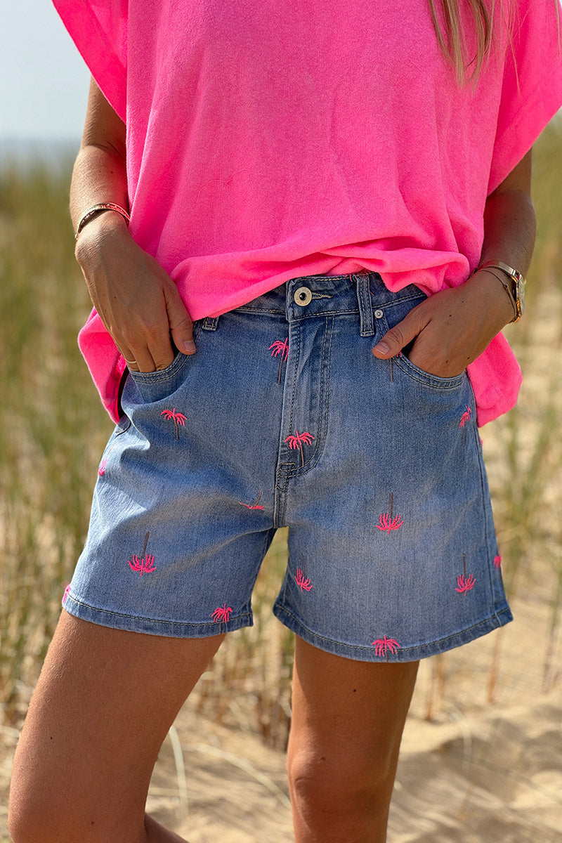 Medium Wash Hot Pink Embroidered Palms Denim Shorts
