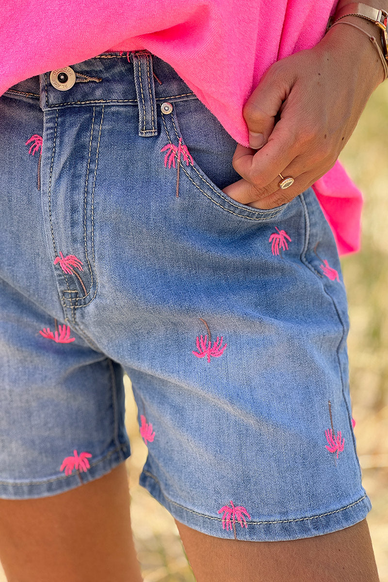 Medium Wash Hot Pink Embroidered Palms Denim Shorts
