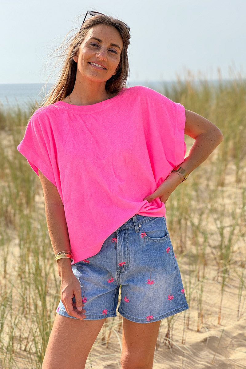 Medium Wash Hot Pink Embroidered Palms Denim Shorts
