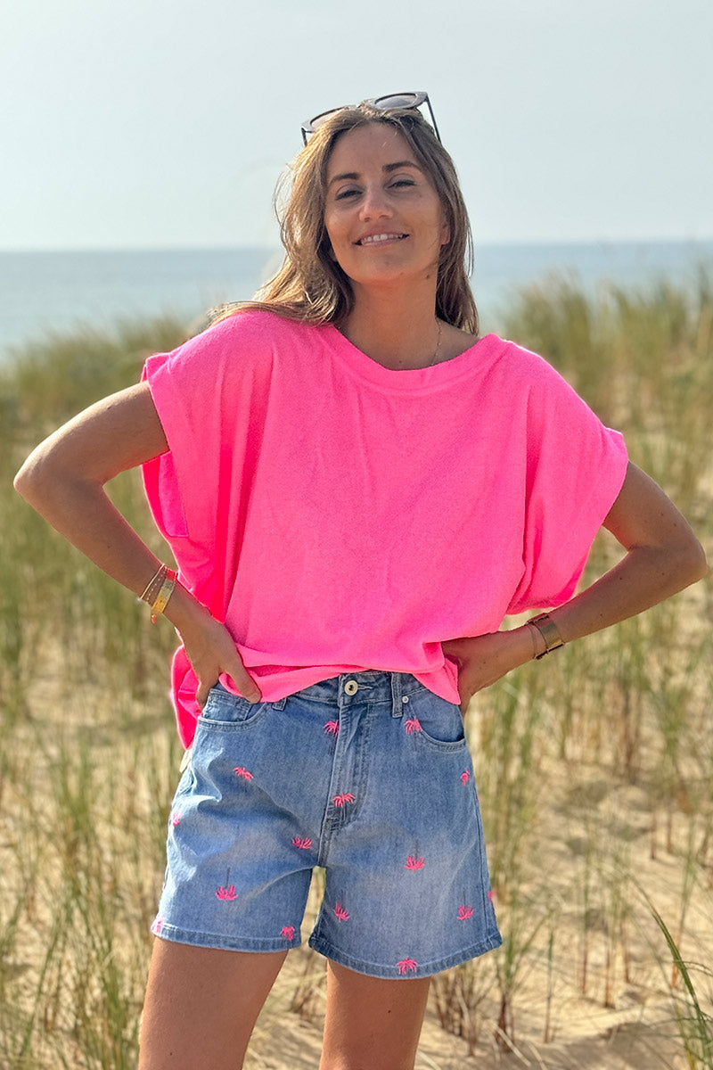 Medium Wash Hot Pink Embroidered Palms Denim Shorts
