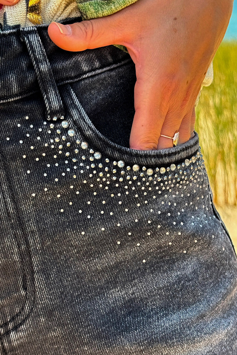 Black Vintage Wash Studded Denim Cutoffs
