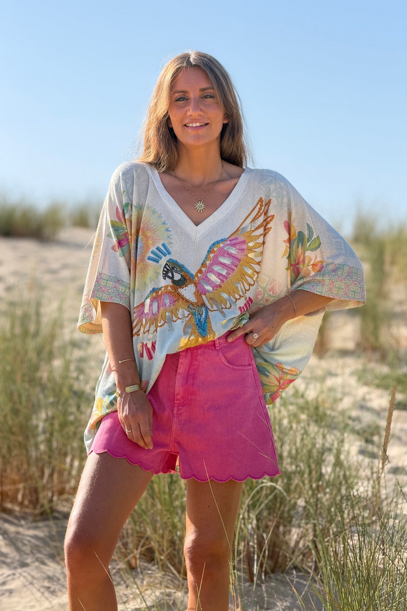 Hot Pink Scalloped Hem Twill Shorts
