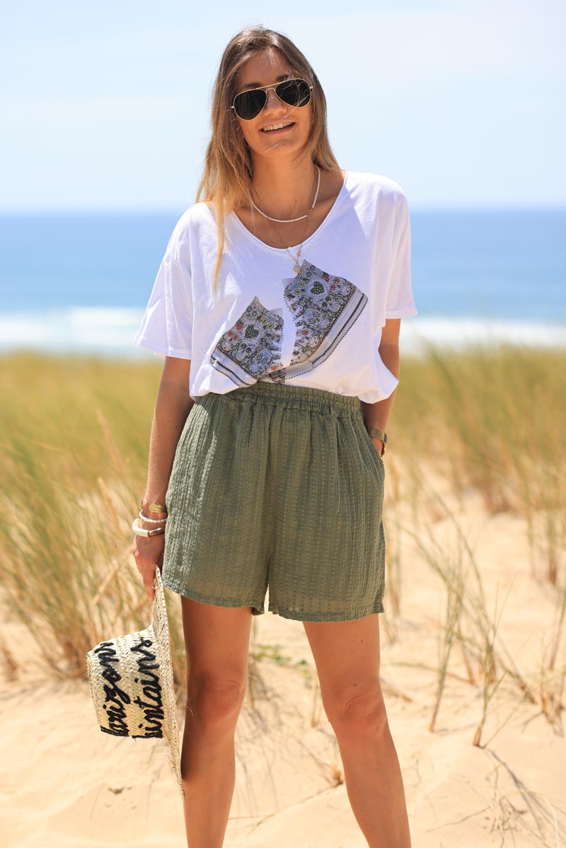 Khaki textured cotton gauze shorts 