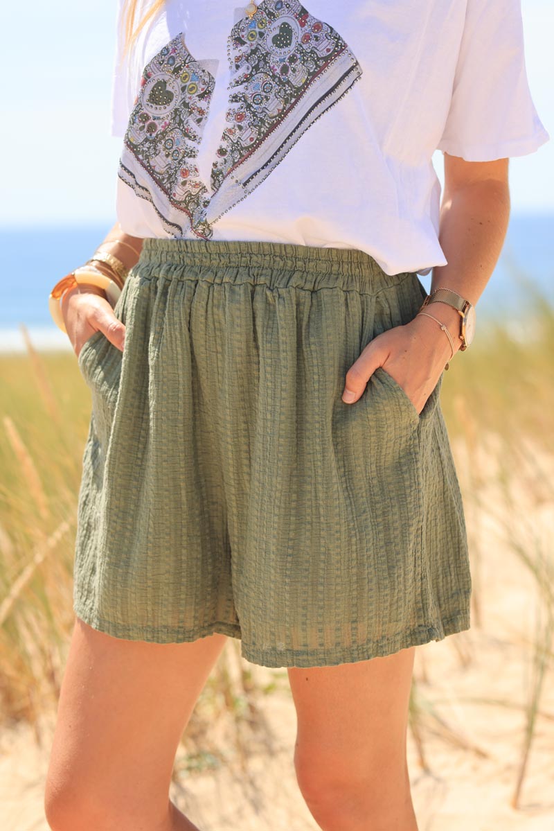 Khaki textured cotton gauze shorts 