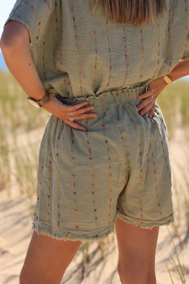 Khaki floaty cotton and linen shorts with colored threads