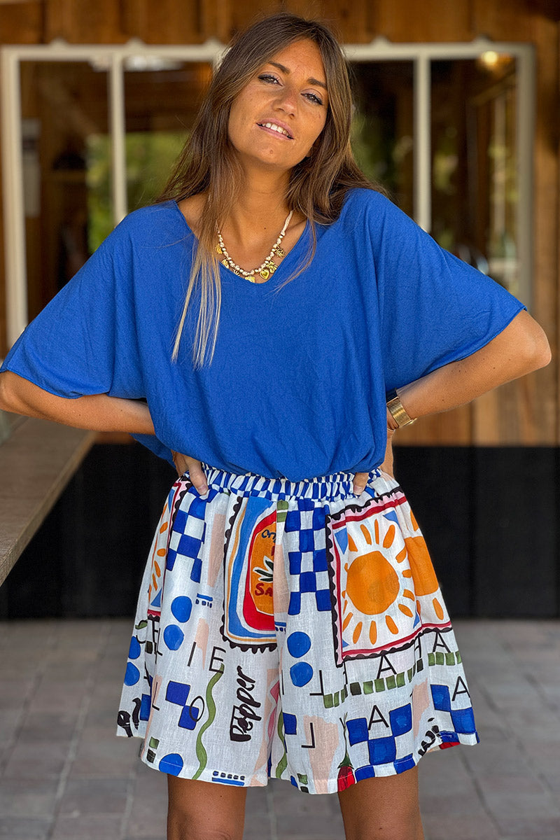 Short léger taille haute soleil spicy graphisme bleu