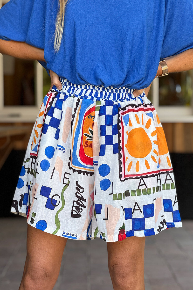 Short léger taille haute soleil spicy graphisme bleu