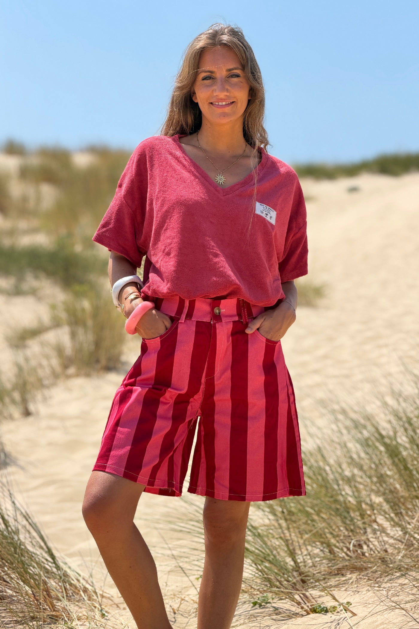Red Stripe Twill Pull-On Shorts
