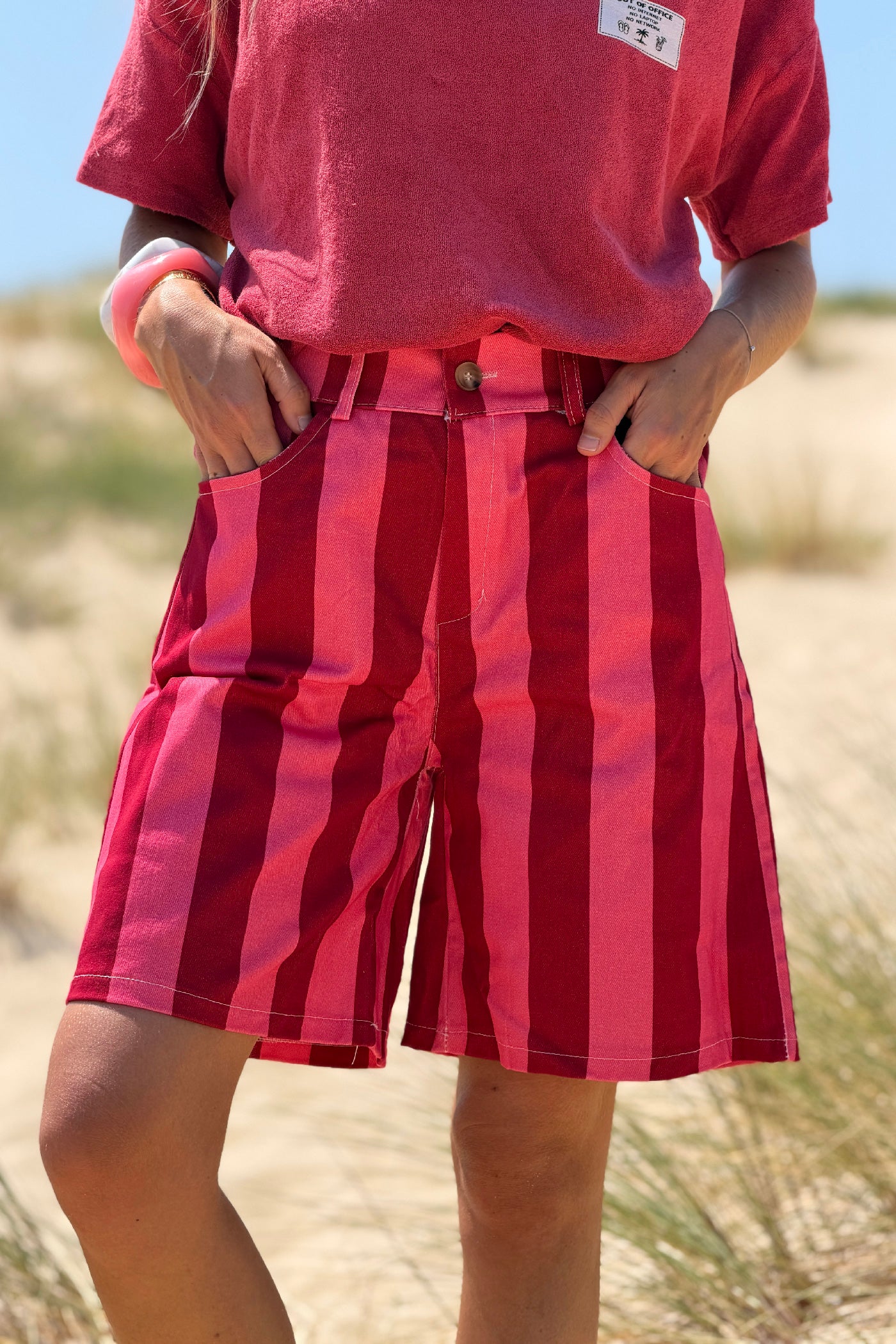 Red Stripe Twill Pull-On Shorts
