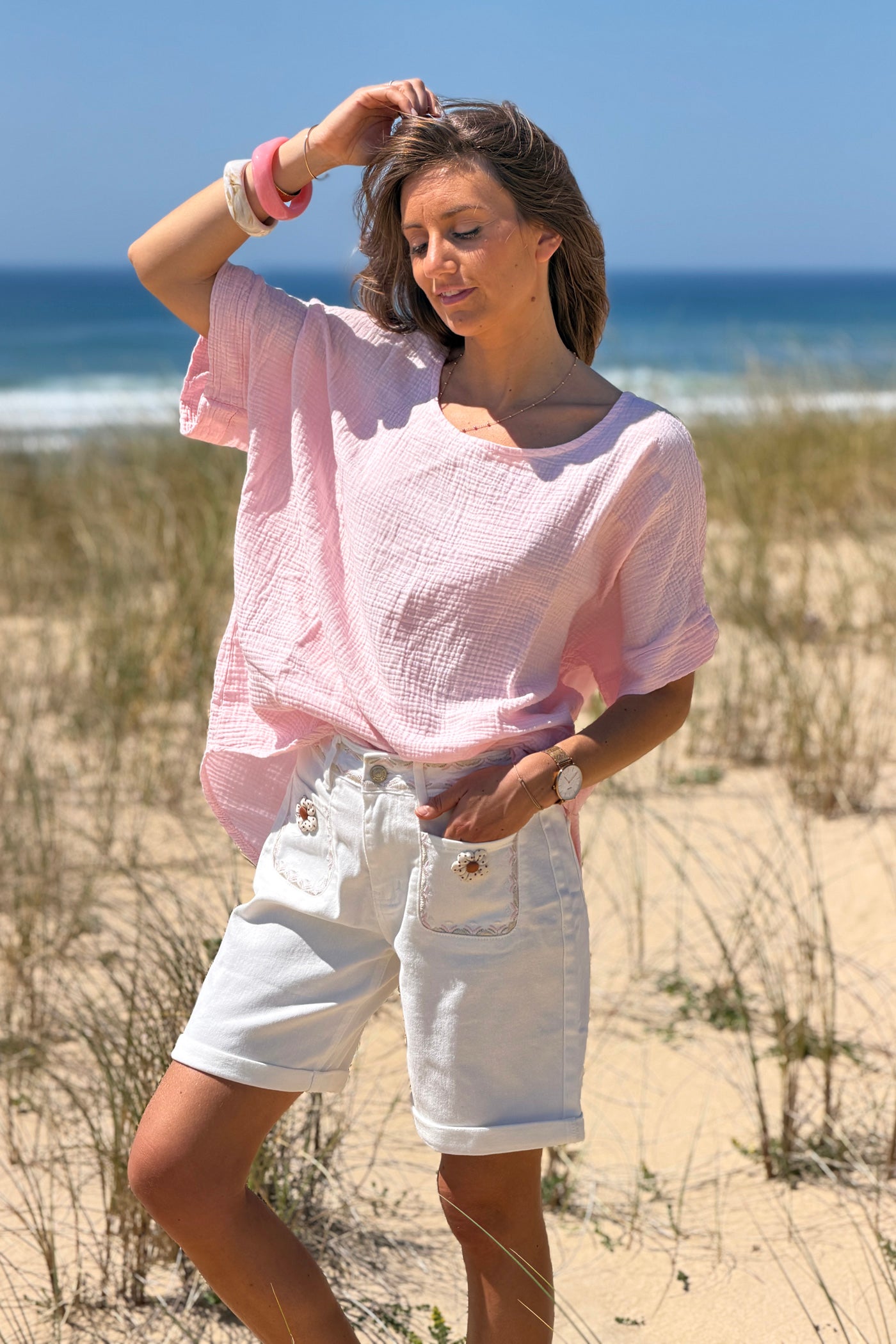 White Floral Patch Pocket Jean Shorts