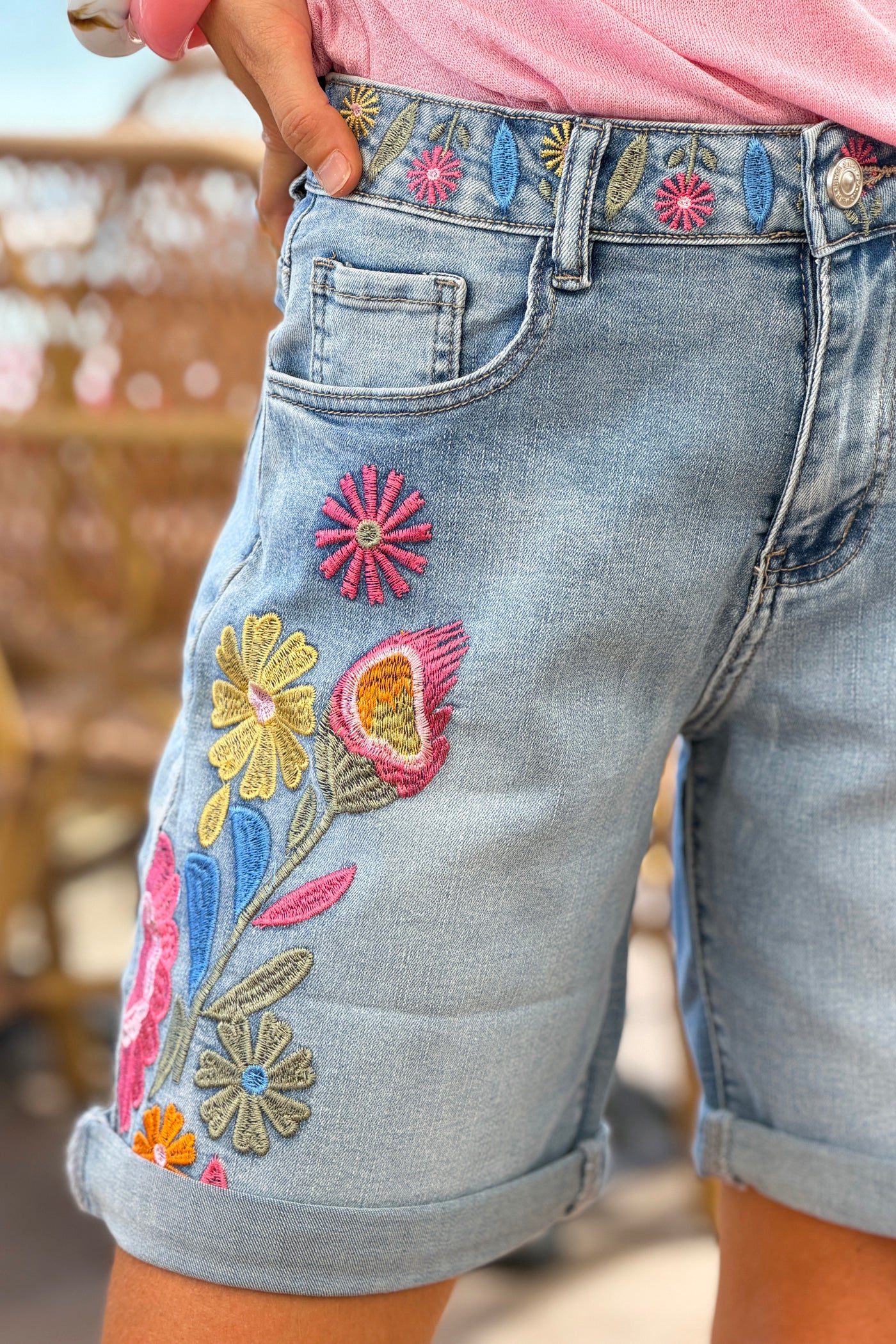Light Blue Jean Embroidered Flower Garden Jean Shorts
