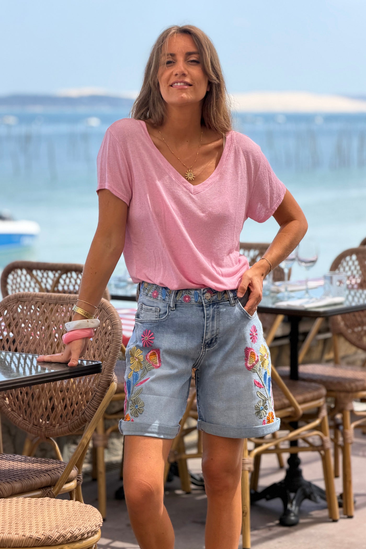 Light Blue Jean Embroidered Flower Garden Jean Shorts
