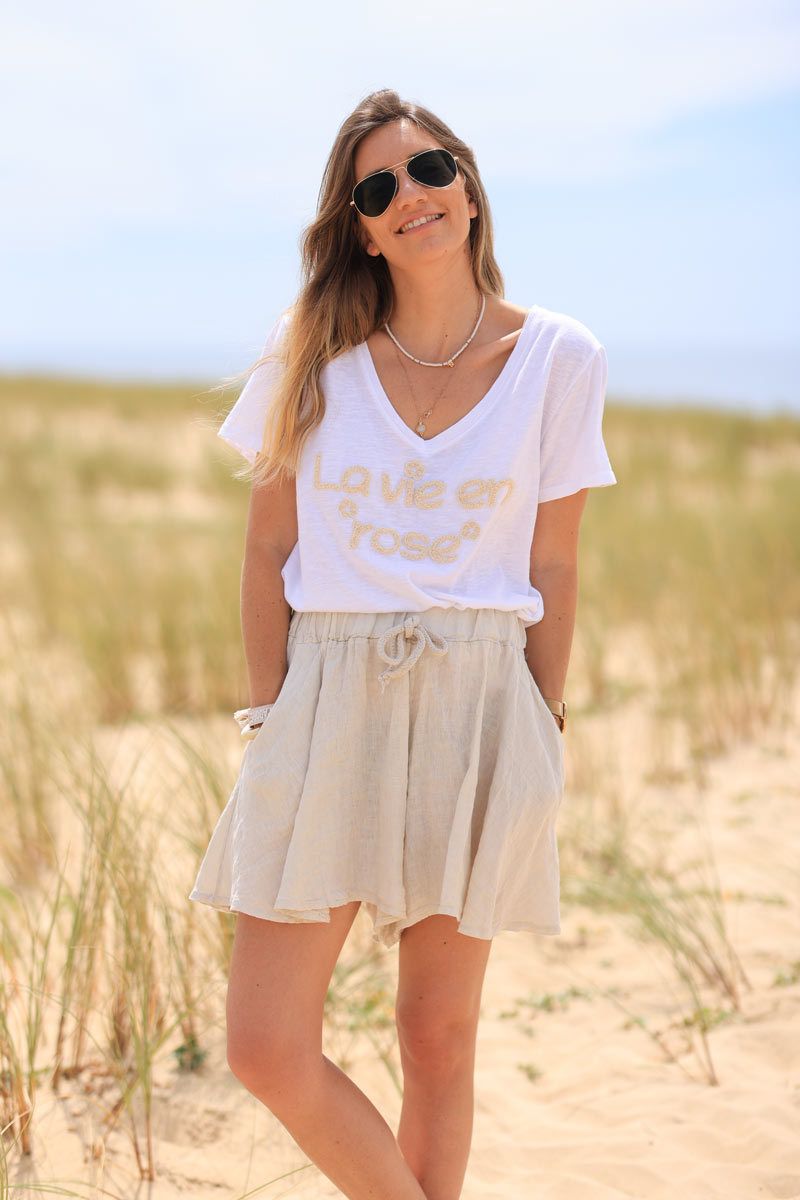 Beige floaty linen shorts with elasticated waistband