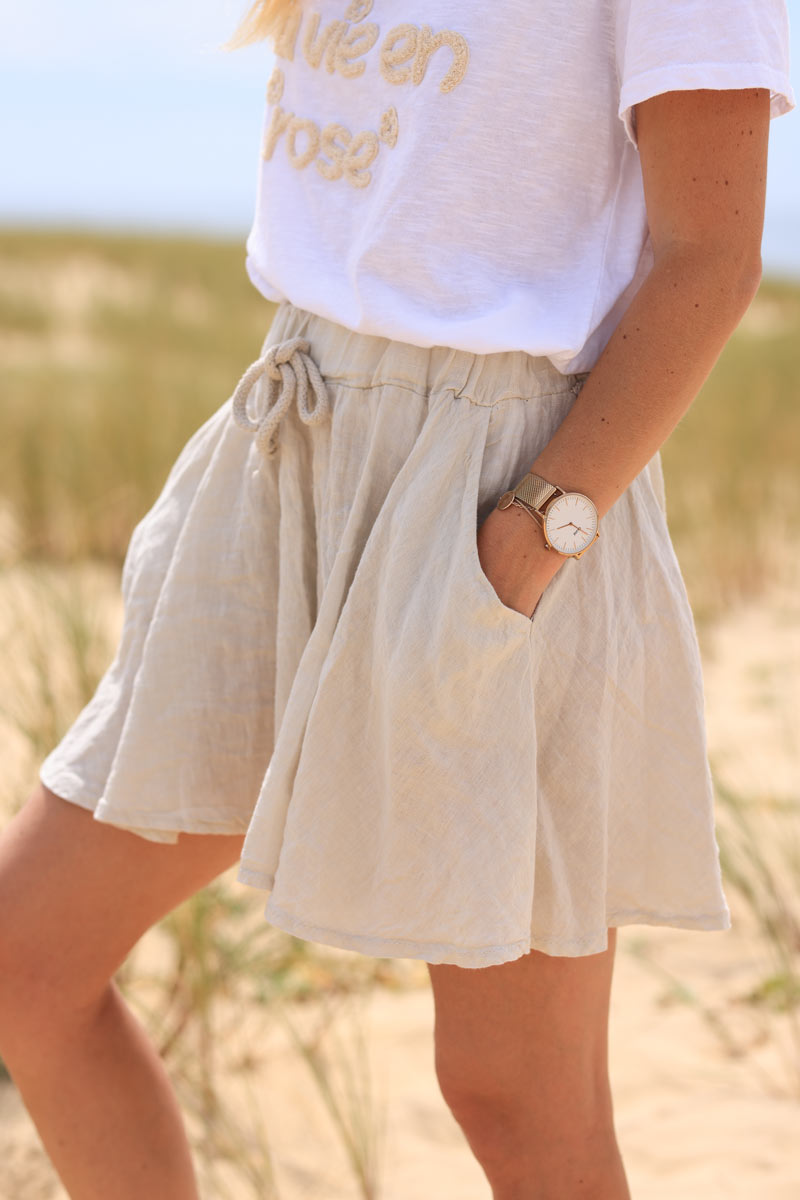 Beige floaty linen shorts with elasticated waistband