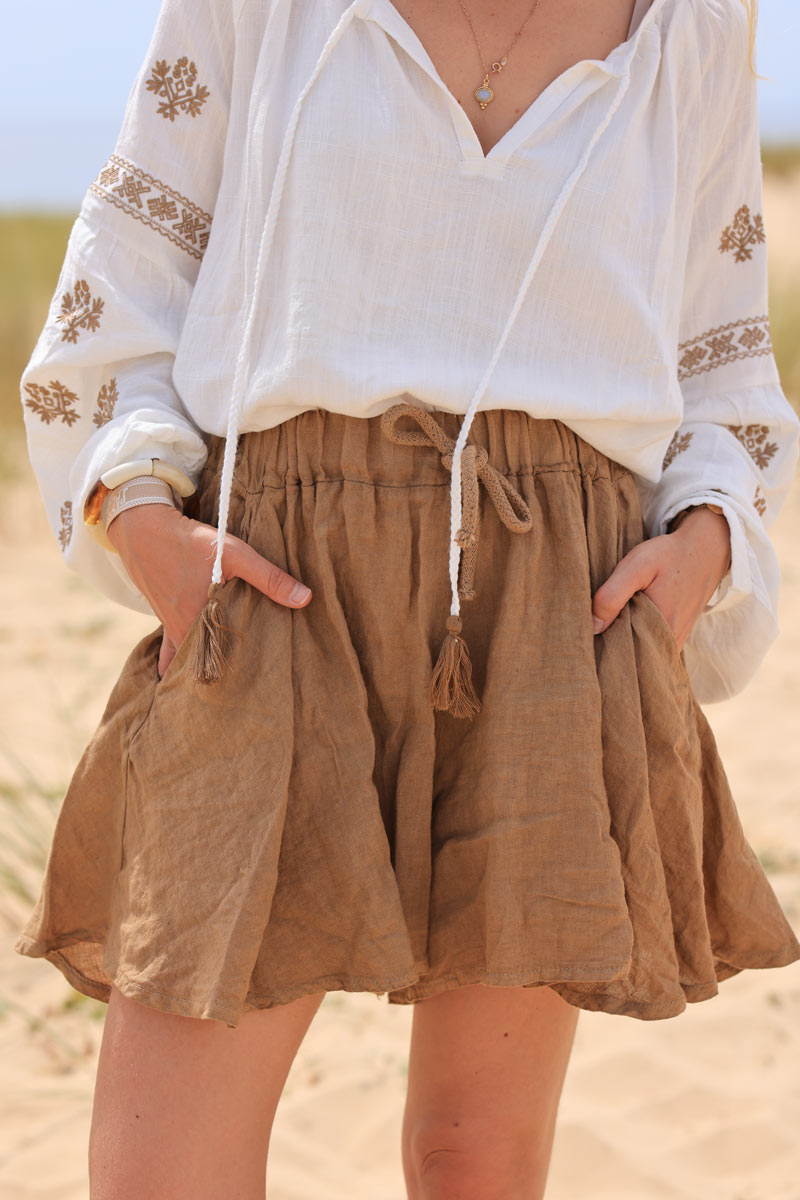 Camel floaty linen shorts with elasticated waistband