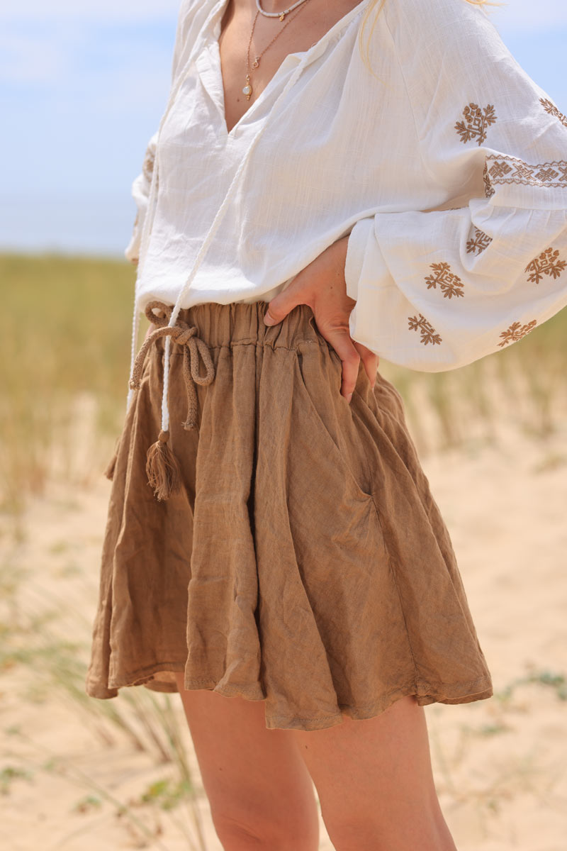 Camel floaty linen shorts with elasticated waistband