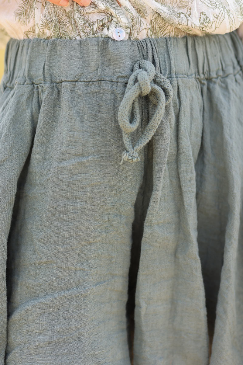 Khaki floaty linen shorts with elasticated waistband